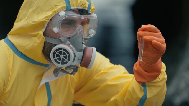Scientist wears yellow suit and respirator. Hand holds test tube, examining contents. Background shows dark, misty, industrial setting