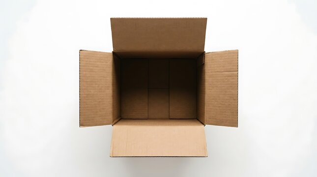 Top view of an empty rectangular cardboard box open with shipping box