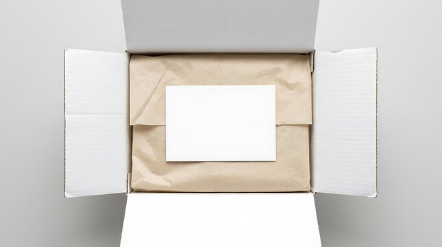 Open cardboard box with brown wrapping paper and empty white card inside