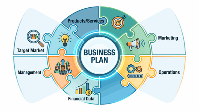 flat design vector illustration depicting a business plan concept, featuring a circular puzzle diagram with segments like Target Market, Products/Services, Marketing, Operations, Financial Data