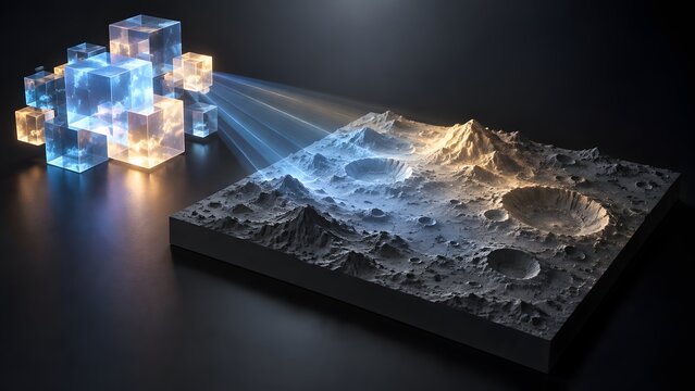 Glowing data cubes projecting detailed digital terrain model