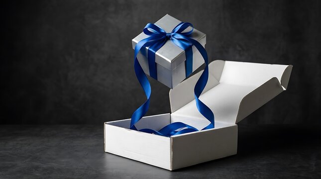 Silver gift box with blue ribbon floating above open white box