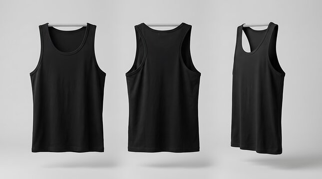Three black tank tops displayed in different angles on a light background