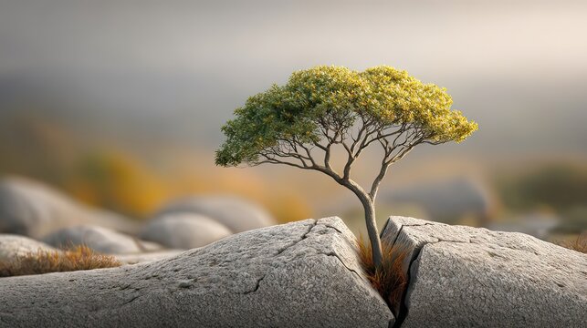 Resilient Tree Growing Through Rock Crevice in Serene Nature Landscape with Soft Lighting Effects and Gentle Colors