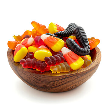 Isolated wooden bowl filled with vibrant Halloween gummy worms and candy corn on white background