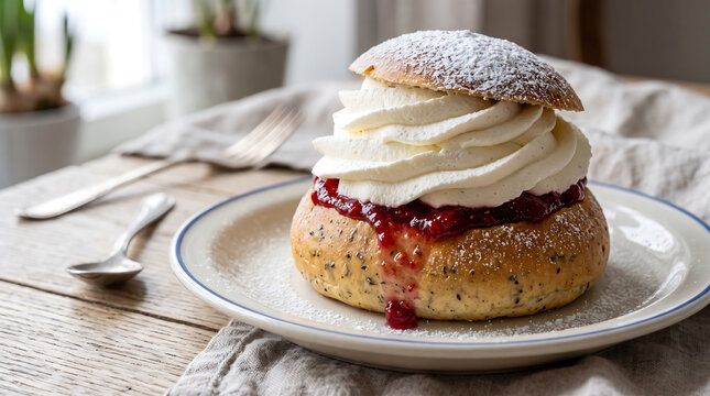 Hyper Realistic 9K Diagonal Angle Close Up Estonian Vastlakukkel Cardamom Bun with Whipped Cream Food Photography
