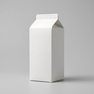 Blank white milk carton package standing on a plain gray surface with white box