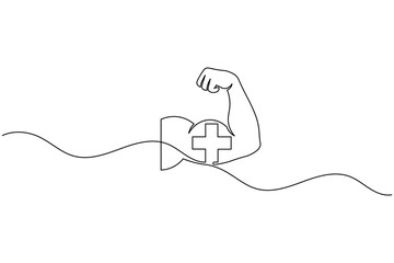 Obraz premium Human arm bicep muscle with medical cross continuous one line art health fitness vector illustration
