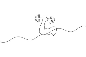 Obraz premium Human arm bicep muscle holding barbell continuous one line art weightlifting workout vector illustration