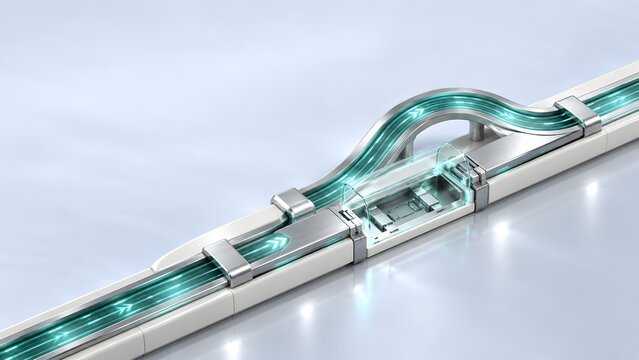 Glowing data pathway crossing a transparent technology module
