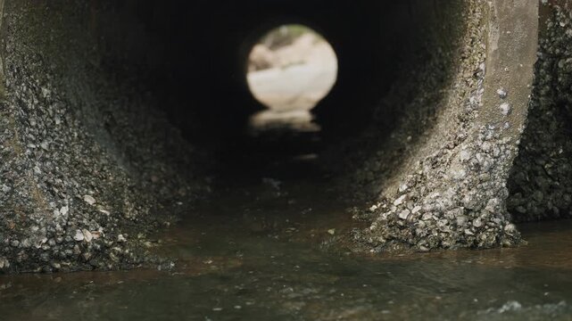 Rough concrete tunnel walls show wear and moss. Water flows through the dark, narrow pipe. Round opening frames a distant, blurry object