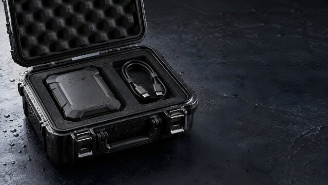 Rugged portable storage drive and cable inside protective case