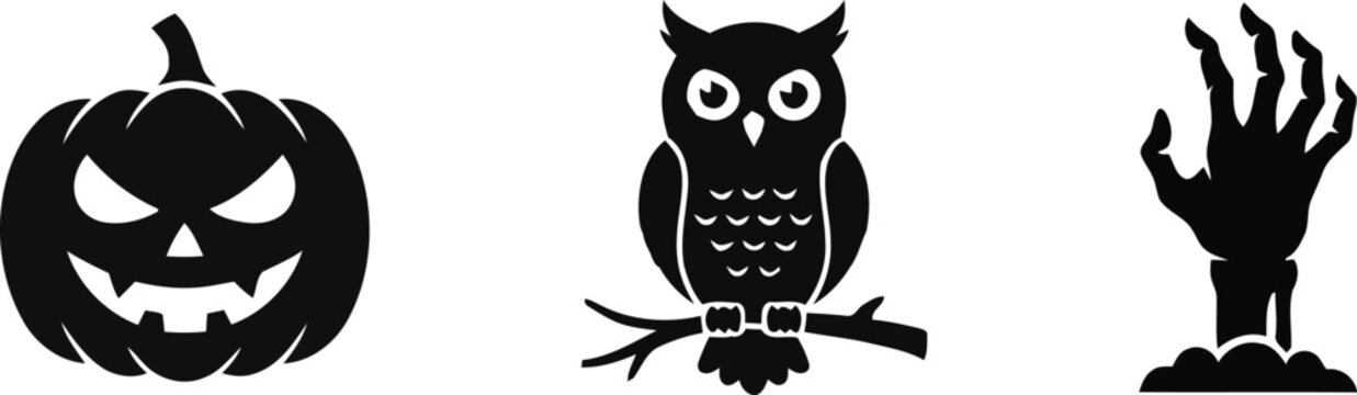 Set of black halloween icons featuring a spooky jack o lantern an owl and a zombie hand rising