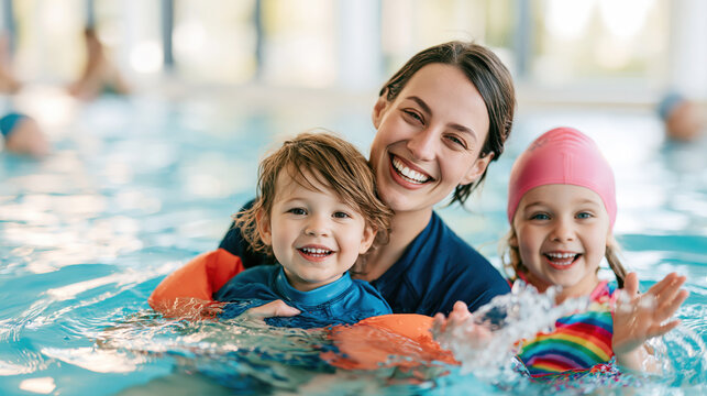 Female swim instructor embracing two smiling preschool children in an indoor pool during a water safety lesson