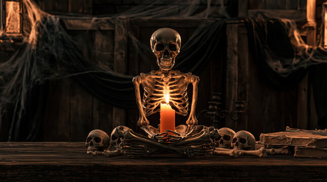 Skeleton meditating with candle flame, surrounded by skulls and ancient books, halloween spooky gothic concept