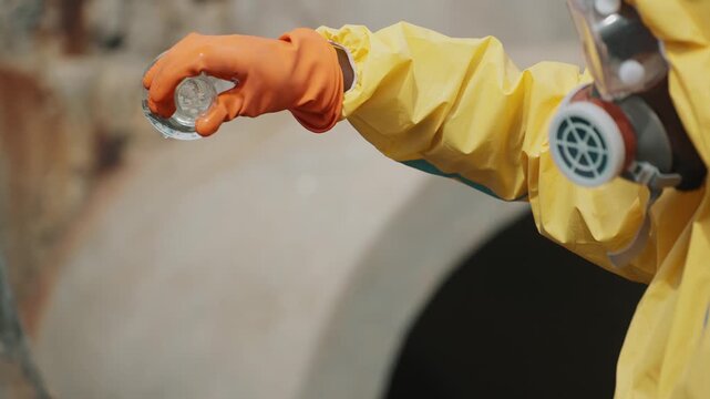 Scientist wears full hazmat suit and gloves. Hand holds flask as liquid drips slowly. Background shows dark tunnel entrance. Focus on careful