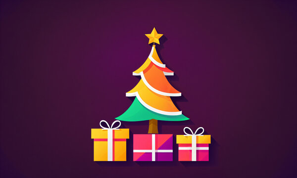 orange gradient christmas tree with white outlines and yellow star plus three gift boxes on solid dark purple background