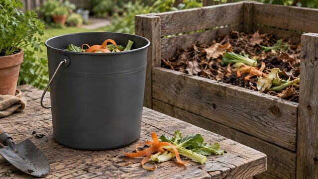 Kitchen vegetable scraps ready for composting in garden