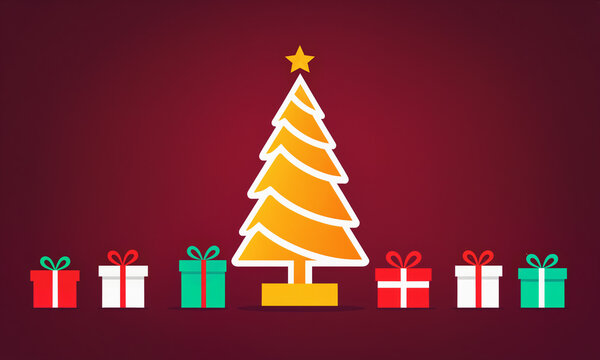 orange and yellow gradient christmas tree with a white outline and top star on a stand near a row of multiple red white and green gift boxes over a dark red space