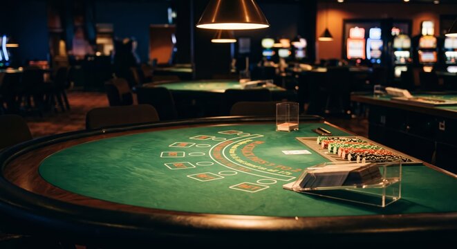 Casino Blackjack Table with Poker Chips and Cards in Dim Lighting