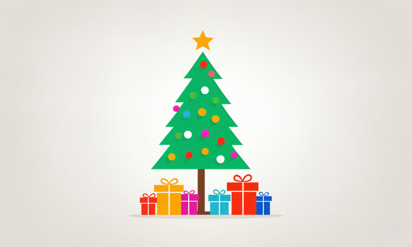 simple green christmas pine tree with a yellow top star and colorful round baubles over a large pile of multiple bright gift boxes with ribbons in a light gray space