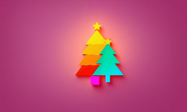 overlapping yellow orange red and teal christmas trees with yellow stars and pink base on purple gradient