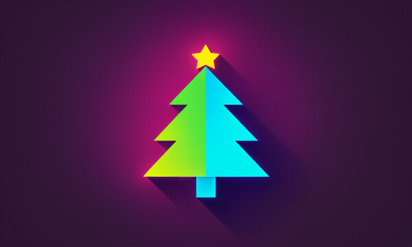 split lime green and cyan christmas tree with yellow star long shadow on purple gradient