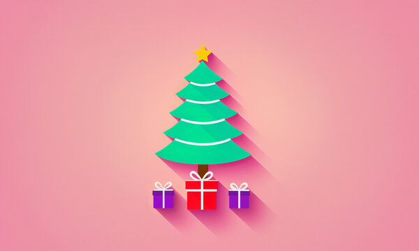 layered green christmas tree with white stripes yellow star brown trunk and three gift boxes on pink surface