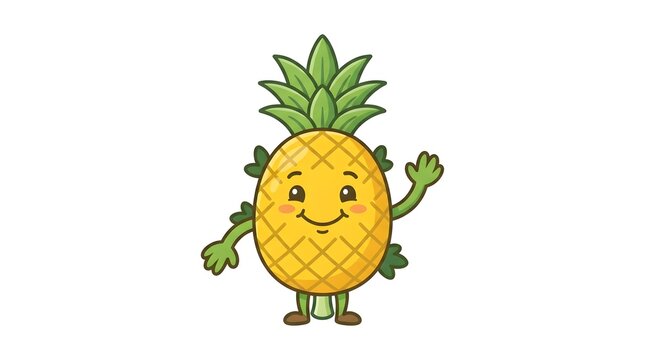 Friendly cartoon pineapple character featuring a happy smiling face with vibrant yellow skin and lush green leaves waving its hand against a plain white background