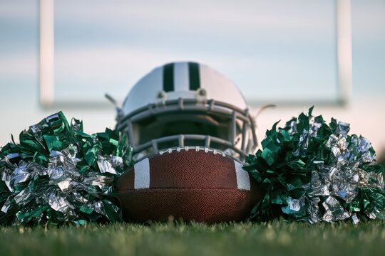 A football helmet and ball sit on grass, surrounded by green and silver pom-poms, with a blurred goalpost in the background.