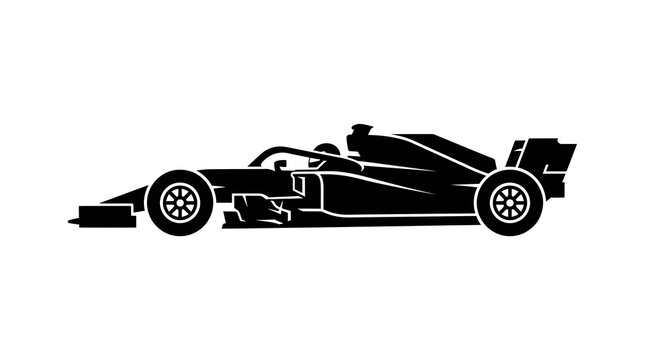 Black racing car silhouette displaying sharp aerodynamics and high speed performance lines in a minimalist vector design isolated on a plain white background for professional use