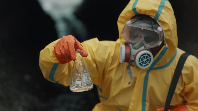 Scientist in yellow hazmat suit holds glass flask. Dark smoke billows behind them in background. Their face is hidden by full-face respirator