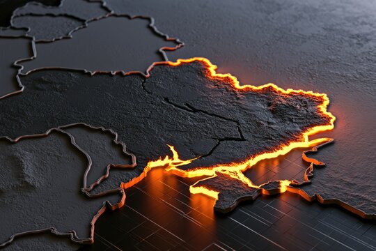 A glowing, cracked map highlighting a specific country with fiery edges surrounded by dark, textured neighboring regions.
