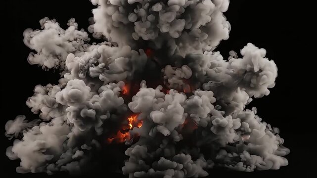 Massive fiery explosion unleashing billows of thick grey smoke and glowing orange fire embers into darkness captured in dynamic slow motion video footage