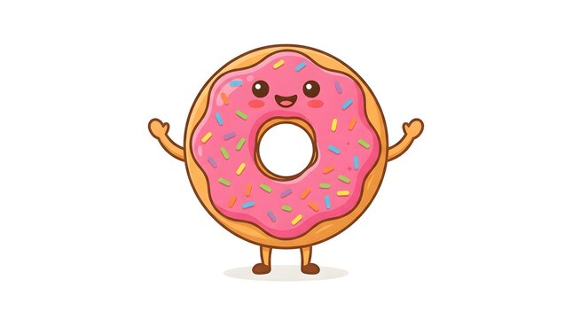 Happy donut character featuring bright pink frosting with colorful sprinkles standing on a plain white background in a cute cartoon style flat vector art design