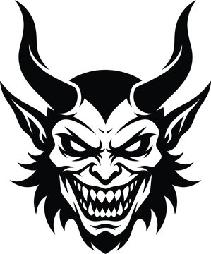 Demon silhouette vector illustration, evil monster head with horns and sharp teeth, black and white graphic