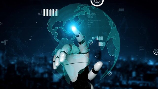 A captivating image of a robotic hand reaching out to touch a digital globe, symbolizing the intersection of technology and global connectivity in modern society. Xenic