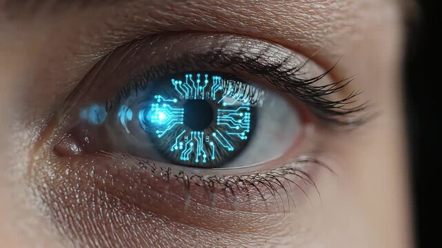 Futuristic glowing blue cybernetic circuit board pattern reflecting inside human eye close up video footage showcasing artificial intelligence and advanced technology concepts