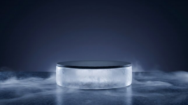Frosted ice block podium with cold fog and smoke on dark blue background for cosmetic product display