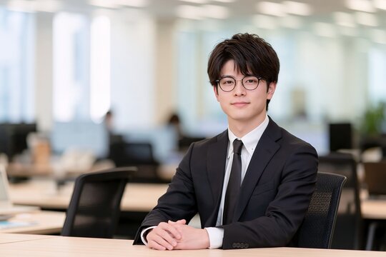 オフィスで眼鏡をかけた爽やかな若い日本人ビジネスマンの笑顔