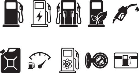Fototapeta premium Gas station and alternative energy icon set with EV charging pump eco biofuel dispenser fuel nozzle jerry can and payment card glyph symbols