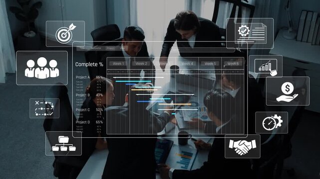 Group of professionals collaborate in a modern office environment, using data analytics and project management tools to enhance teamwork and optimize productivity. Raster