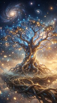 Cosmic Tree of Life with Glowing Roots and Galaxies in Fantasy Universe