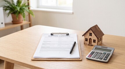 Obraz premium Mortgage application on a clipboard with model house and calculator