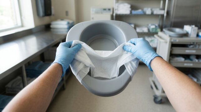 Healthcare worker's gloved hands preparing a bedpan for patient use in a medical facility, showing hygiene and care.