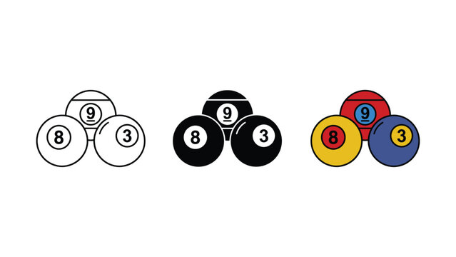 Billiard ball icon set flat outline in black and silhouette vector art on white background.