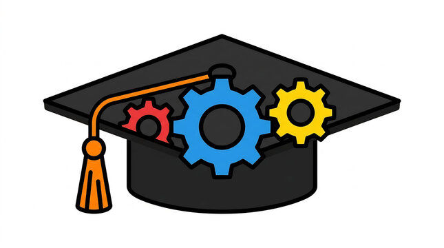 Topi wisuda dengan roda gigi konsep sistem pendidikan modern