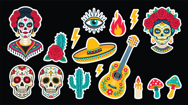 Mexican Day of the Dead sticker set, colorful Dia de los Muertos sugar skull vector illustrations, traditional holiday elements with guitar and sombrero