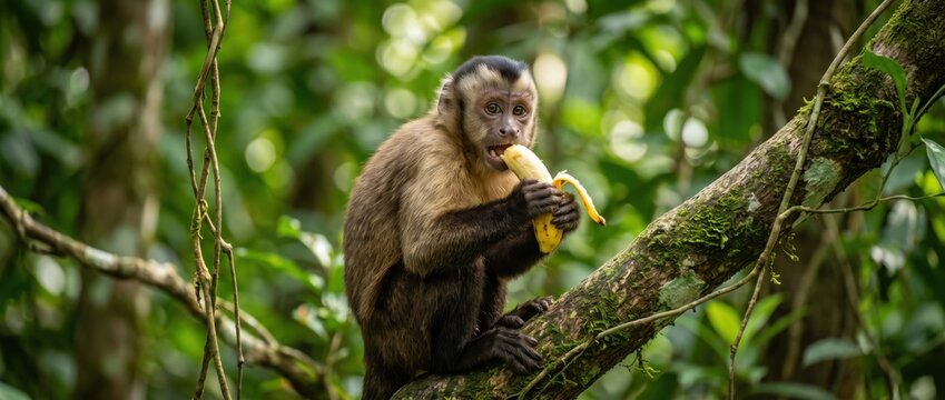 A brown tufted capuchin monkey perched on a mossy tree branch in a lush tropical rainforest, holding and eating a yellow banana with both hands, surrounded by blurred green foliage