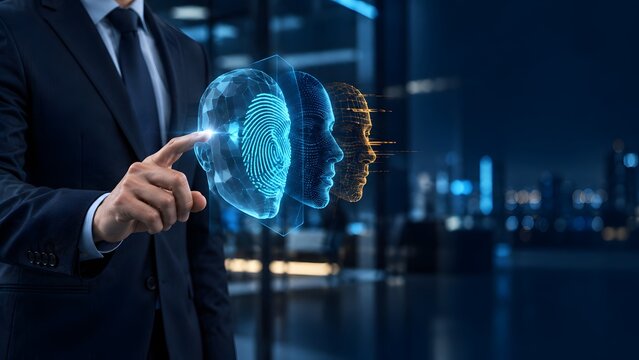 Businessman s hand touches holographic fingerprint scanner representing biometric identification and digital security